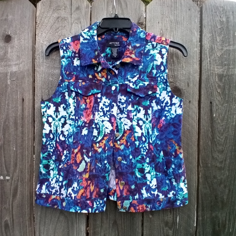 ATTYRE NEW YORK VEST WOMENS SZ M FLORAL PRINT BUTTON COLLARED STRETCH RAYON NYLO